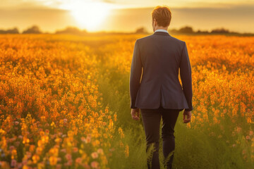 Fototapeta premium A leader walking through a meadow surrounded by beautiful wildflowers of ethical growth.. AI generation. Generative AI