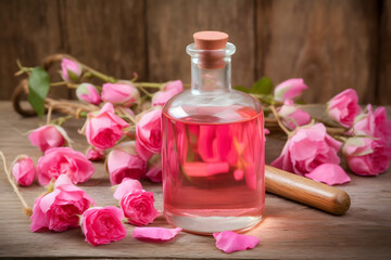 Obraz na płótnie Canvas rose flower and glass of bottle essential oil or rose water with rose petals, spa and aromatherapy cosmetic concept. Neural network AI generated art