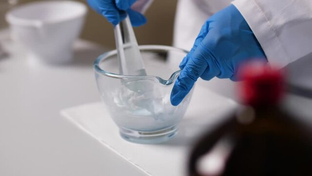 An eye creme is mixed in a pharmacy laboratory.