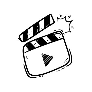 Movie clapperboard doodle icon. The board clap to start the video clip scene.