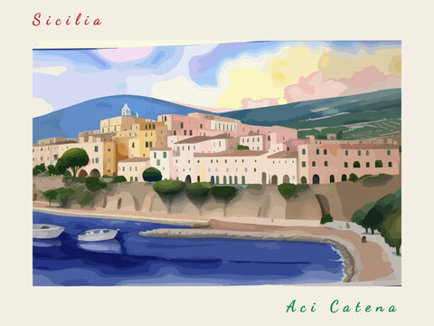 Aci Catena: Italian vintage postcard with the name of the Italian city and an illustration