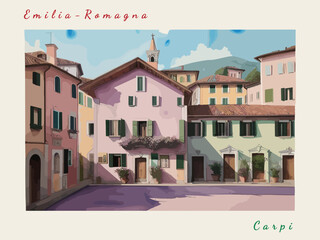 Carpi: Italian vintage postcard with the name of the Italian city and an illustration - obrazy, fototapety, plakaty