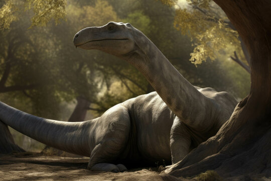 A Camarasaurus curled up in the shade of a tall tree its long neck swaying with the breeze.. AI generation. Generative AI