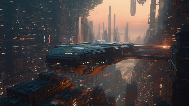 wartorn futuristic city with giant spaceship, digital art illustration, Generative AI