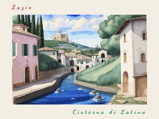 Cisterna di Latina: Italian vintage postcard with the name of the Italian city and an illustration - obrazy, fototapety, plakaty