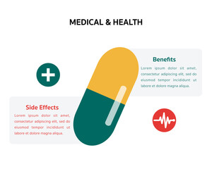 Medical and Health care infographic concept. Slide presentation template. Capsule, medicine, health care and pharmacy design.