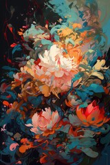 Fototapeta na wymiar Beautiful abstract flower painting on canvas, generative ai, overflowing abstract petals, on a dark background