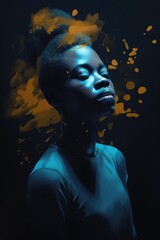 Dramatic portrait render painting of an African American girl. Generative AI creation. Against a dark background with cinematic lighting and splashes of paint. Perfect for magazine or fashion articles
