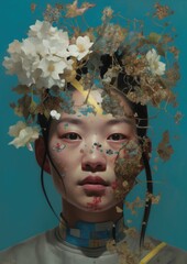 Fashion Portrait Render / painting. Generative Ai. Beautiful youth face, female, covered in flowers, with Asian features.