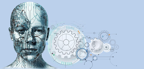 Illustration of Artificial Intelligence Head with Circuit Board Texture and Technology Symbols on Blue Background, generative AI