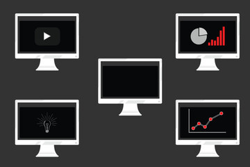 A set of computer screens with a white frame showing an ascending curve graph