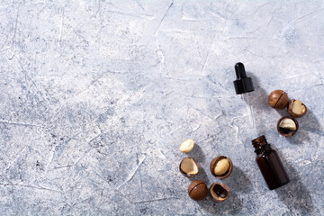 Natural macadamia nut oil in a bottle. Cosmetic oil. Top view macadamia nuts on a gray background.