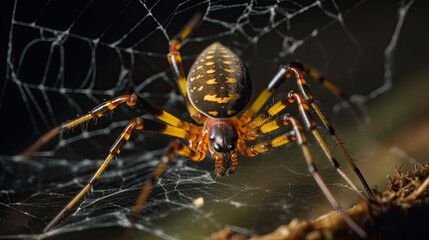 macro shot of a spider on a spider web. Generative AI