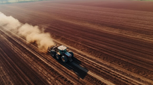 aerial view of a green tracktor plowing a field. Generative AI