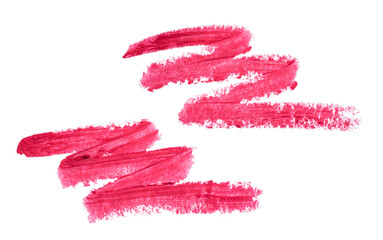 Set of red lipstick smudge isolated on white background. Smudged makeup product sample.