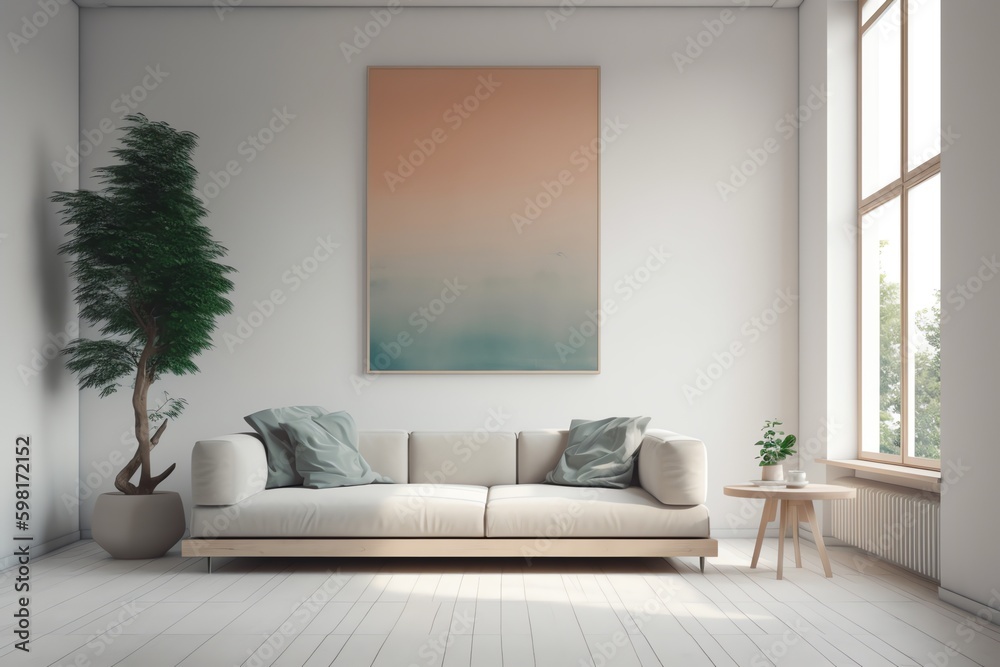 Wall mural picture frame mockup psd hanging in modern living room minimalist generated ai