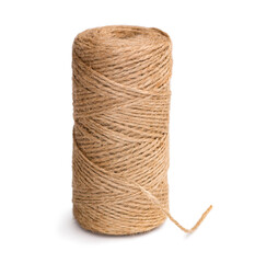 Twine rope isolated on white. Jute twisted into a roll. Packing accessories