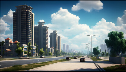 Naklejka premium City Landscapes - buildings, Trees, Road -Abstract Background