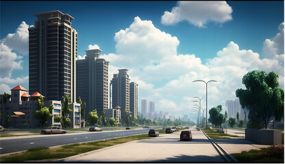 City Landscapes - buildings, Trees, Road -Abstract Background
