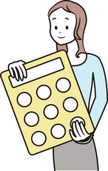 大きな電卓を持っているアジア人女性のイラスト素材
