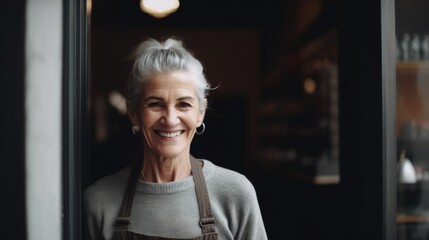 Portrait of happy old woman standing at doorway of her store, Successful small business owner in casual wearing grey apron standing at entrance. Generative AI.