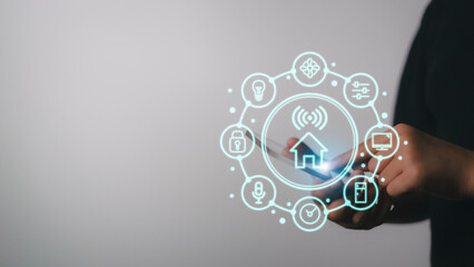 Smart Home concept. View of a Home button of a technology interface surrounded by application technology app concept.