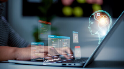 Technology and people concept women use AI to help work, AI Learning and Artificial Intelligence Concept. Futuristic technology transformation..