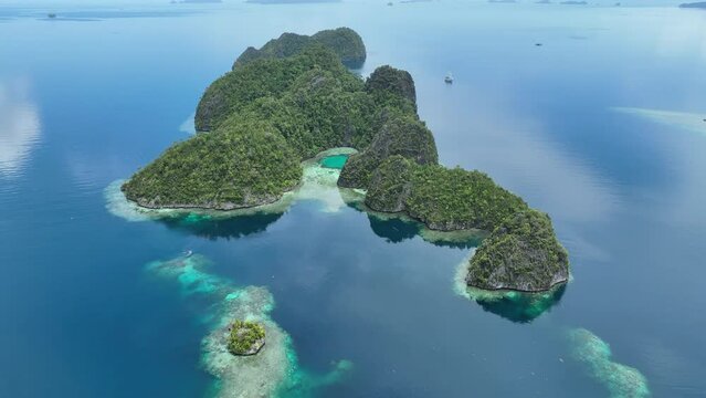 Coral reefs surround the dramatic limestone islands that have been uplifted from Raja Ampat's beautiful seascape. This remote part of Indonesia is known for its incredible marine biodiversity.