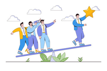 Teamwork to achieving success concept. Group of people are swinging and working together to get a star from the sky. Outline design style minimal vector illustration for landing page, web banner