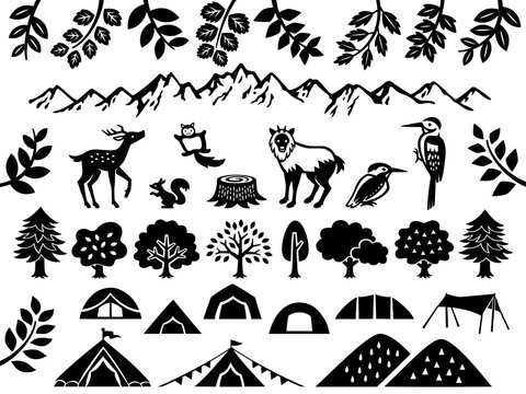 キャンプと森の切り絵風シルエットイラストセット