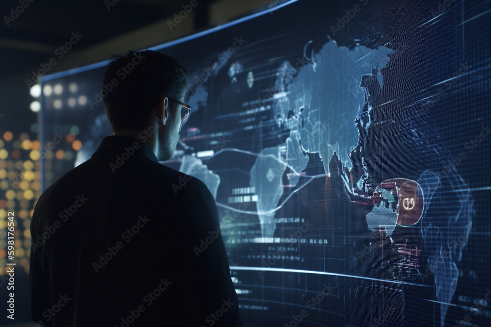 Poster big data technology and data science concept with businessman analyzing data on virtual screen