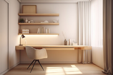 Fototapeta na wymiar Minimal built in beige working desk with computer shelf
