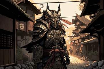 Fototapeta na wymiar Feudal Japan era Samurai in ornate decorative armor standing in the city streets, AI Generated Art