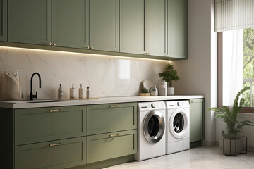 Modern luxury kitchen with sage green counter cabinet