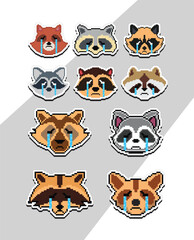 pixel art raccoon faces emoji sticker pixel sticker design
