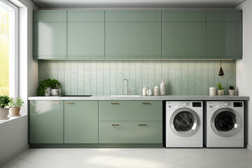 Modern luxury kitchen with sage green counter cabinet