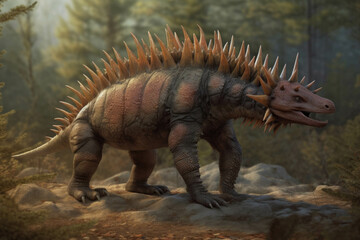 Obraz premium A Kentrosaurus with its tall spine and spiky tail.. AI generation. Generative AI