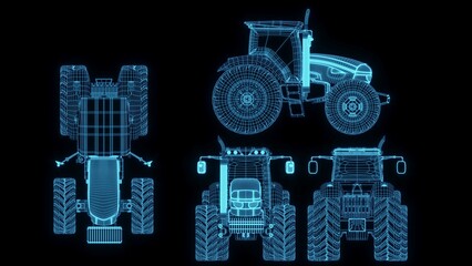 3d rendering illustration Agriculture and Farming car truck.hologram futuristic show technology security for premium product business finance. Harvester trucks, tractors, farmers and village farm