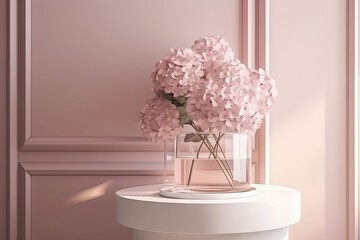 Pastel pink side table podium hydrangea flower bouquet