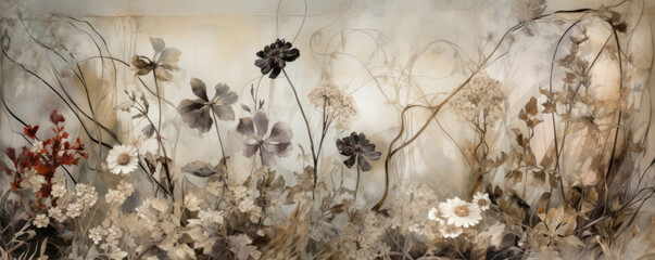 A frame of petals and vines housing a variety of herbs and flora.. AI generation. Generative AI