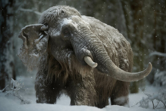A behemoth Mammoth calf gliding through a dense wood flurries of snowflakes shimmering in its wake.. AI generation. Generative AI