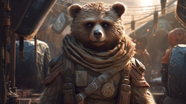 brown furred bear mercenary, digital art illustration, Generative AI