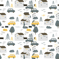 Fototapeta premium Black, green & yellow illustrated house, leaf, bird, car pattern icon set 