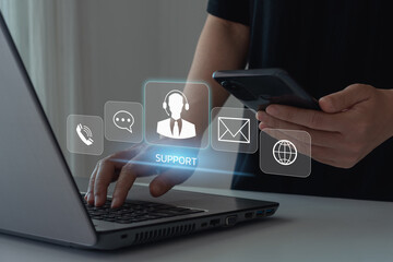 Technical Support Center Customer Service Internet Business Technology Concept. Service support customer help call center Business technology button on virtual screen. Person hand using a smartphone. - obrazy, fototapety, plakaty