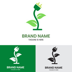 Plug electric with leaf green logo design
