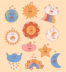 Groovy retro cartoon characters weather. Cute enamored sun, moon, cloud, rainbow, flower power and planet earth with heart. Isolated vector illustrations. Collection in trendy nostalgic style.
