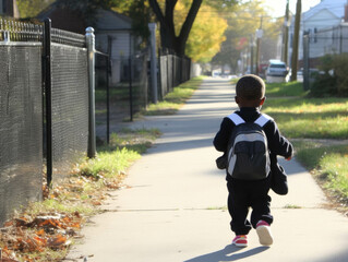 A student with a backpack and lunch bag walking to school highlighting the disparities in transportation options between wealthy and. AI generation. Generative AI