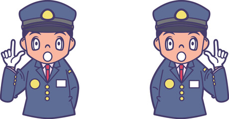 驚いた顔で指を指す駅員_上半身