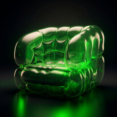 Furniture design of inflatable fluorescent green armchair, transparent, concept product design of  modern futuristic furniture ,plain studio lighting background, generative ai