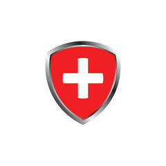 Obraz premium medical shield health protection shield cross. Protected steel guard shield concept. Safety badge steel icon. Privacy metal banner shield. Security safeguard metal label.